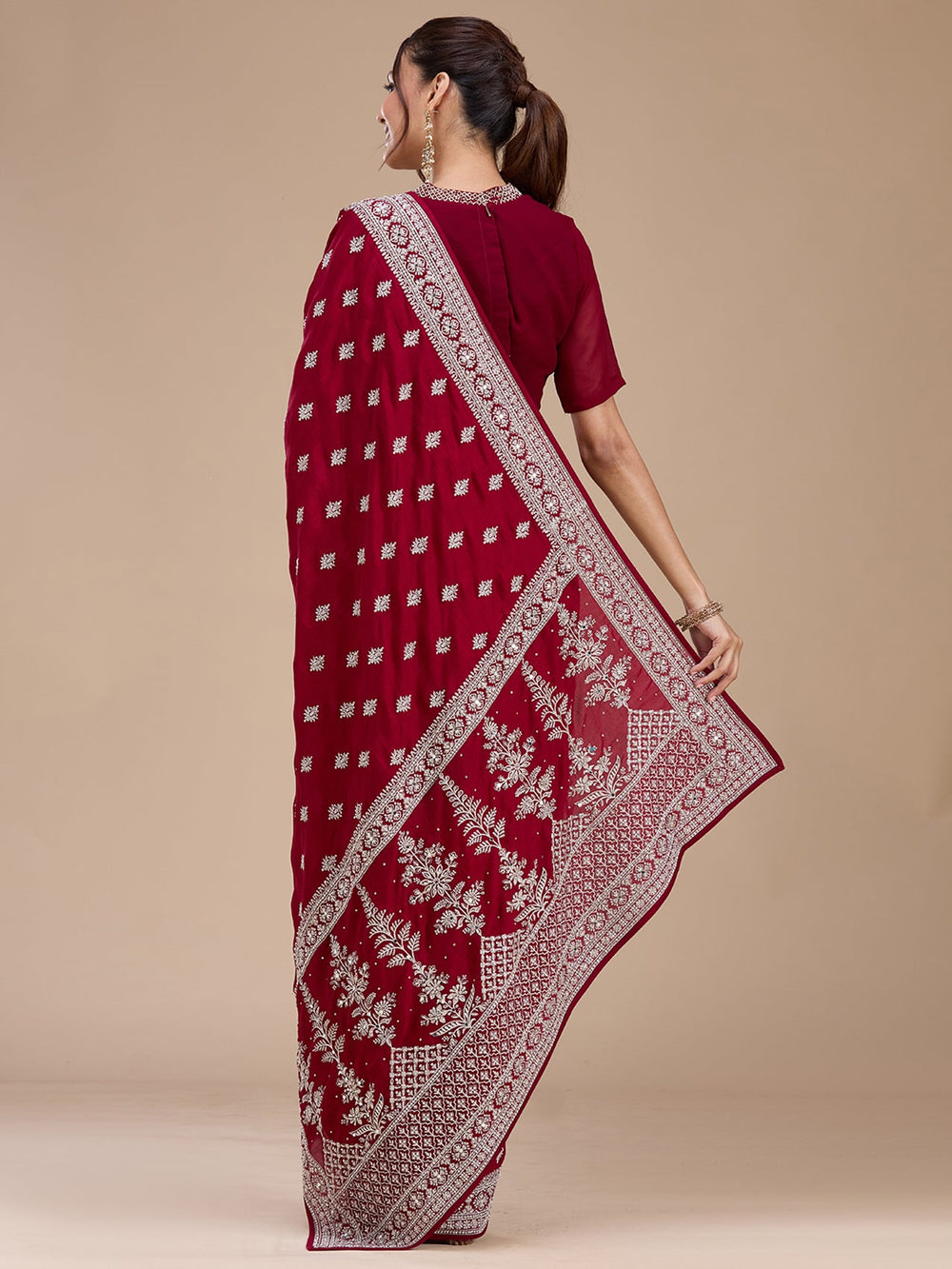 Maroon Zariwork (Silver) Soft Raw Silk Saree-koskii