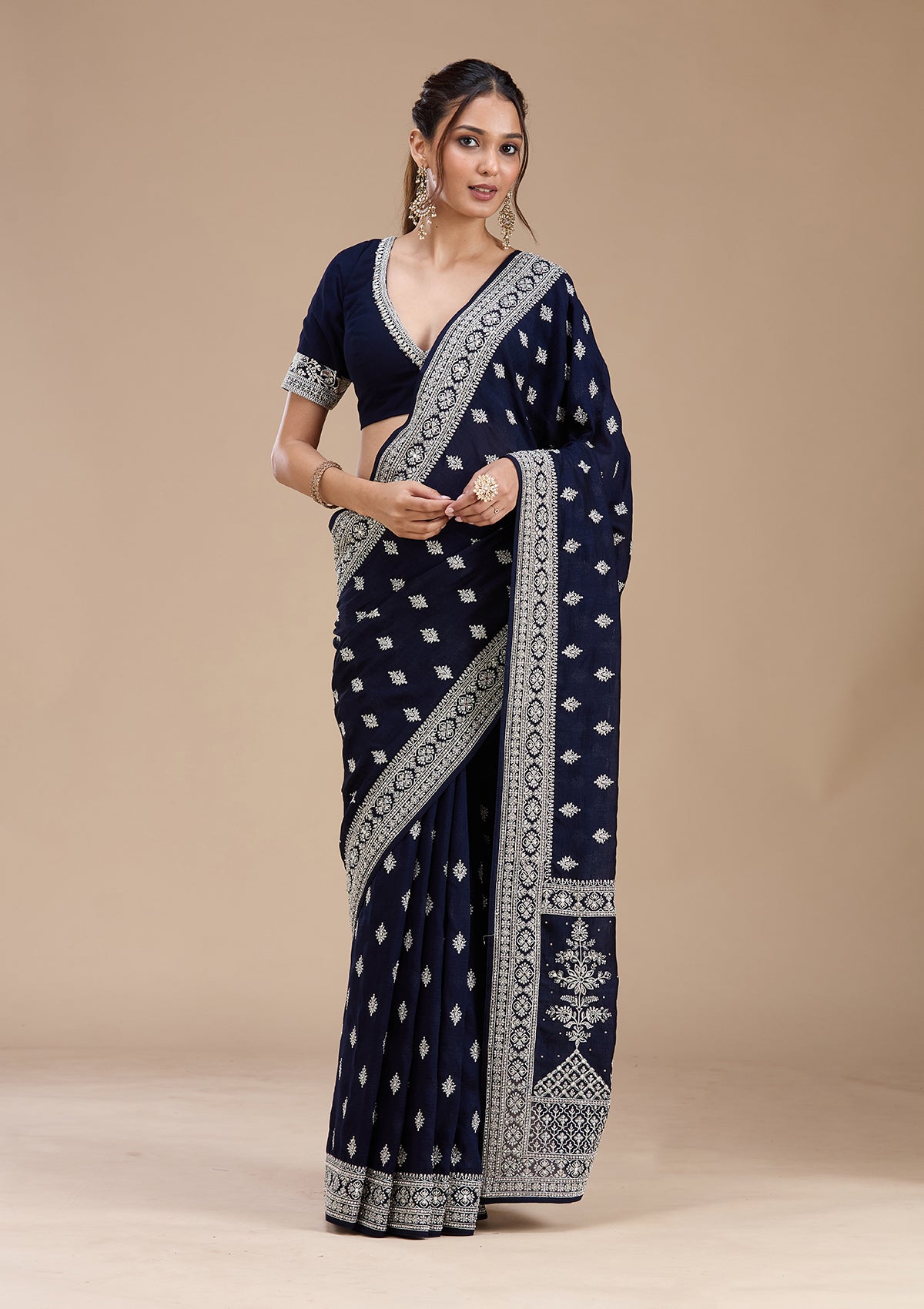 Navy Blue Zariwork (Silver) Soft Raw Silk Saree-koskii