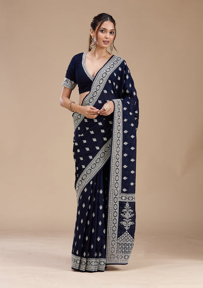 Navy Blue Zariwork (Silver) Soft Raw Silk Saree-koskii