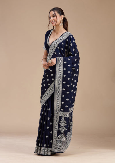 Navy Blue Zariwork (Silver) Soft Raw Silk Saree-koskii