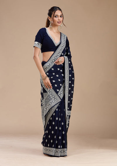 Navy Blue Zariwork (Silver) Soft Raw Silk Saree-koskii
