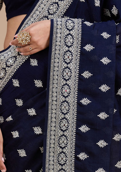 Navy Blue Zariwork (Silver) Soft Raw Silk Saree-koskii