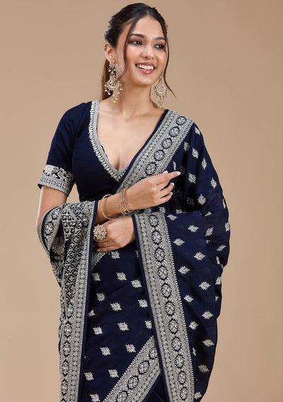 Navy Blue Zariwork (Silver) Soft Raw Silk Saree-koskii