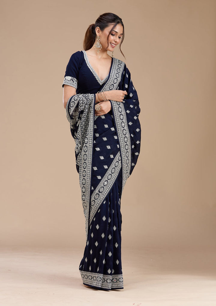 Navy Blue Zariwork (Silver) Soft Raw Silk Saree_koskii