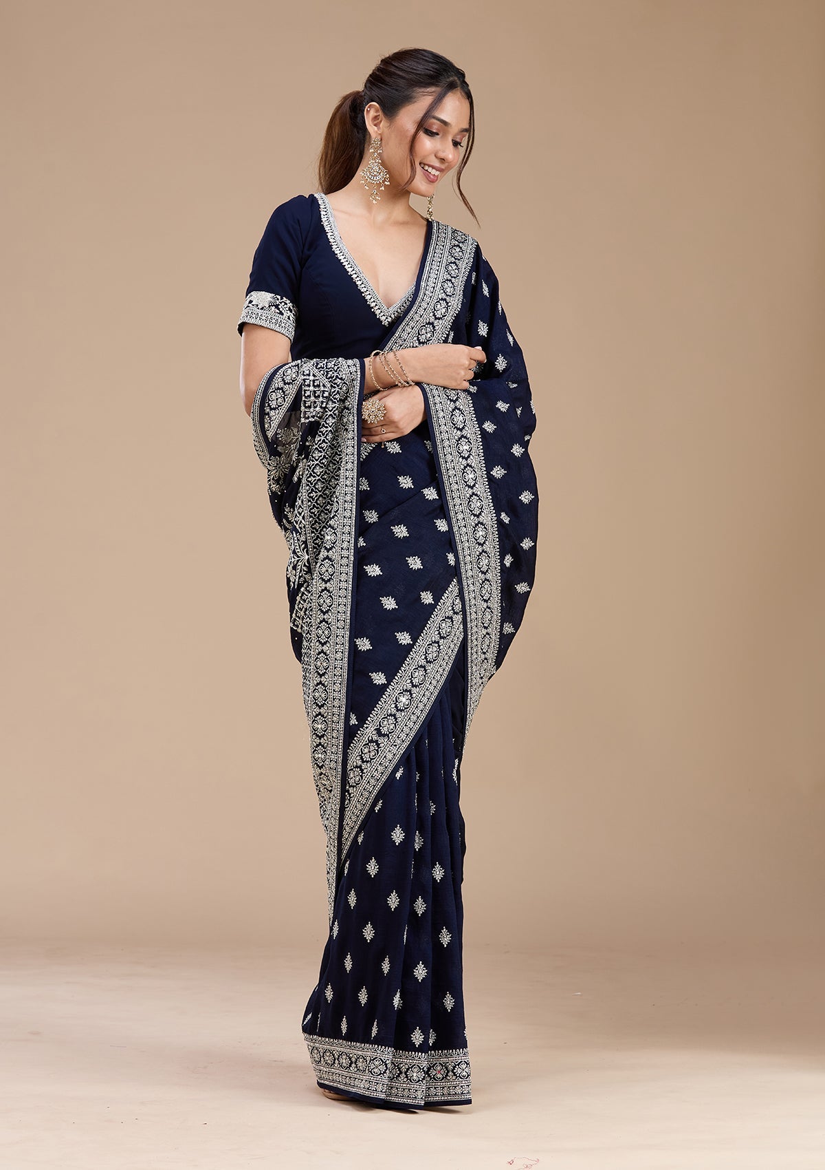 Navy Blue Zariwork (Silver) Soft Raw Silk Saree-koskii