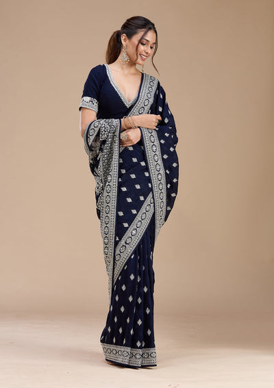 Navy Blue Zariwork (Silver) Soft Raw Silk Saree-koskii