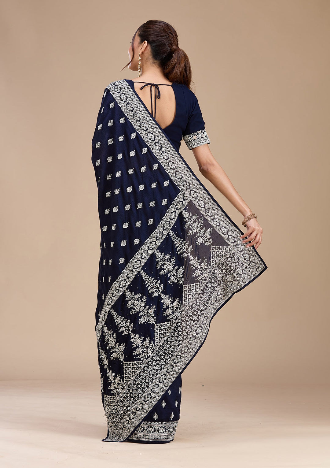 Navy Blue Zariwork (Silver) Soft Raw Silk Saree_koskii