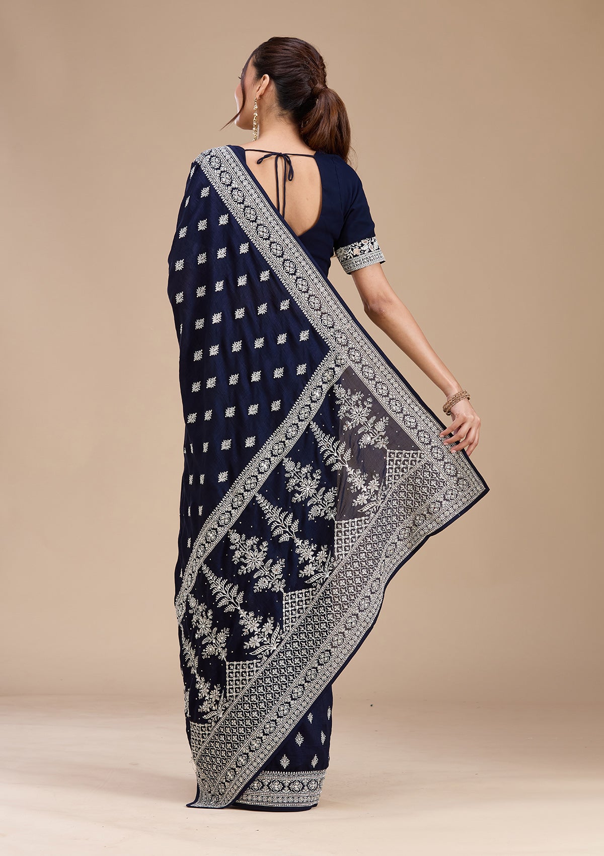 Navy Blue Zariwork (Silver) Soft Raw Silk Saree-koskii