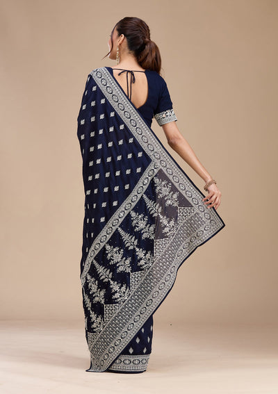 Navy Blue Zariwork (Silver) Soft Raw Silk Saree-koskii