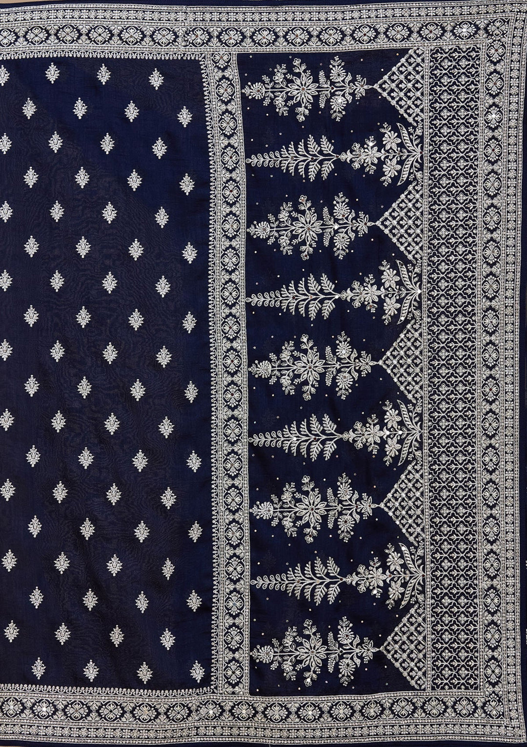Navy Blue Zariwork (Silver) Soft Raw Silk Saree_koskii