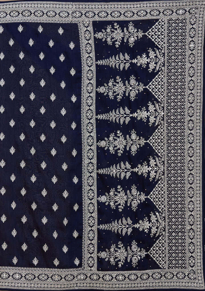 Navy Blue Zariwork (Silver) Soft Raw Silk Saree_koskii