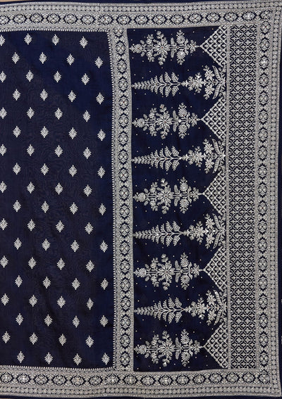 Navy Blue Zariwork (Silver) Soft Raw Silk Saree-koskii