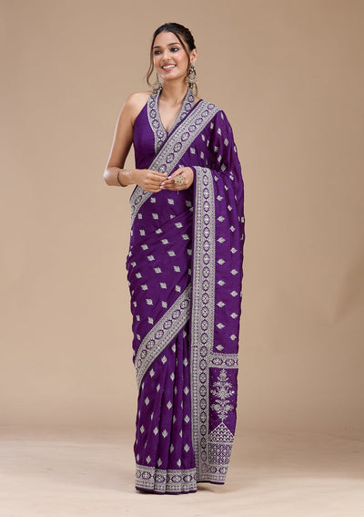 Purple Zariwork (Silver) Soft Raw Silk Saree-koskii