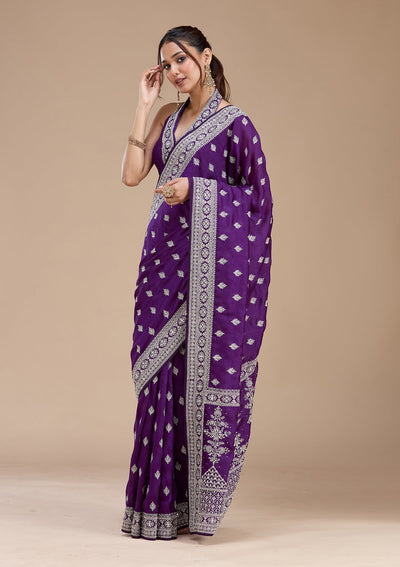 Purple Zariwork (Silver) Soft Raw Silk Saree-koskii