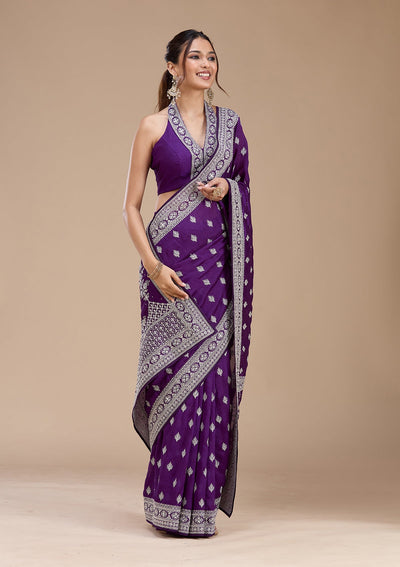 Purple Zariwork (Silver) Soft Raw Silk Saree-koskii