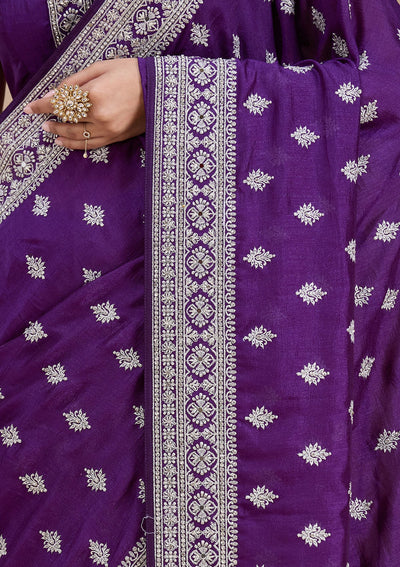 Purple Zariwork (Silver) Soft Raw Silk Saree-koskii