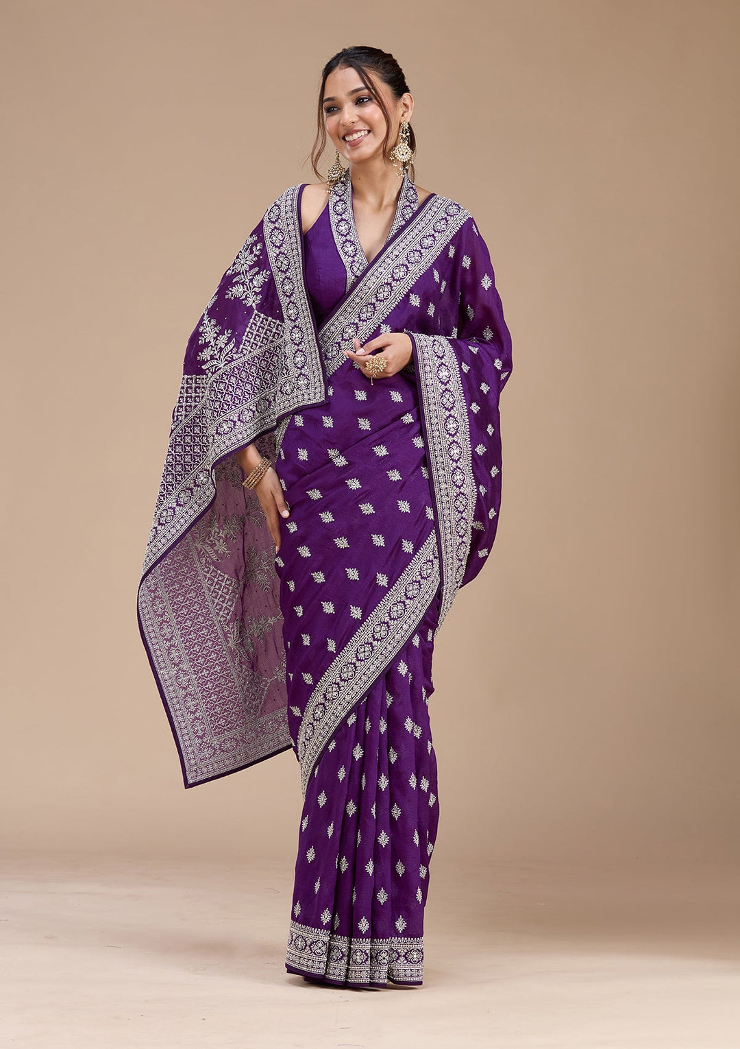 Purple Zariwork (Silver) Soft Raw Silk Saree-koskii
