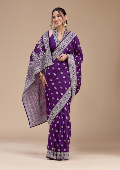 Purple Zariwork (Silver) Soft Raw Silk Saree-koskii