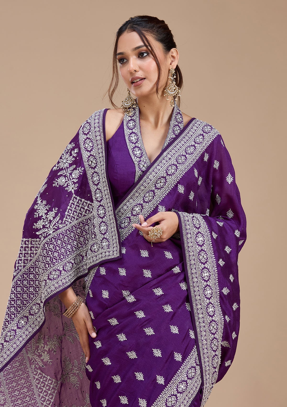 Purple Zariwork (Silver) Soft Raw Silk Saree-koskii