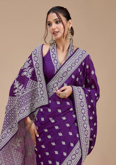 Purple Zariwork (Silver) Soft Raw Silk Saree-koskii