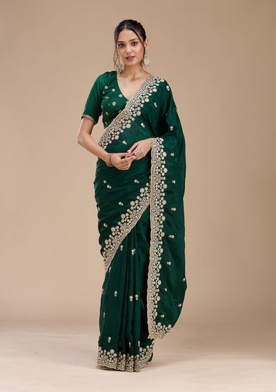 Bottle Green Cording Tissue Saree-koskii