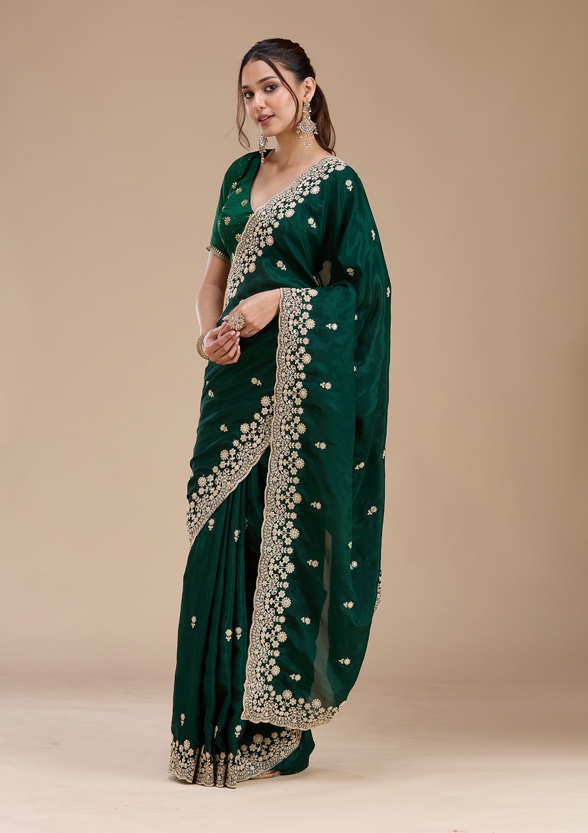 Bottle Green Cording Tissue Saree-koskii