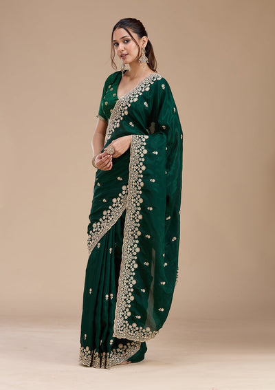 Bottle Green Cording Tissue Saree-koskii
