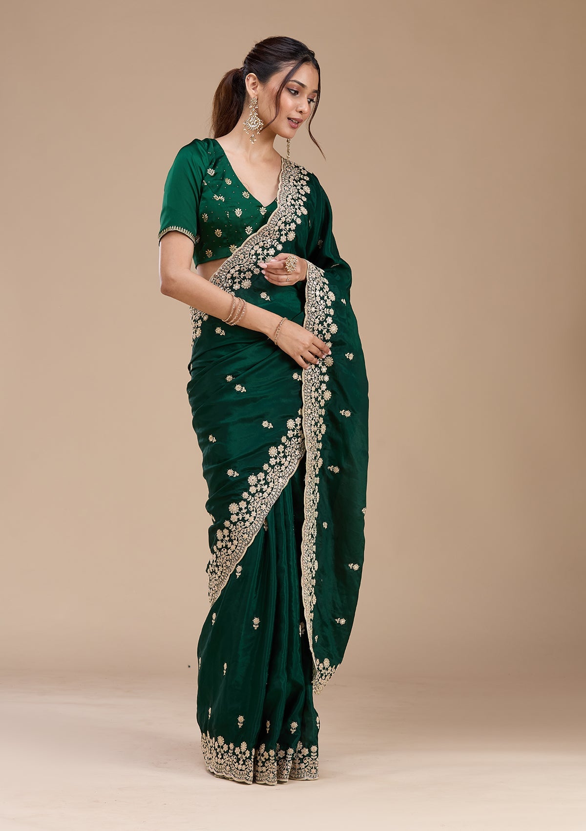 Bottle Green Cording Tissue Saree-koskii