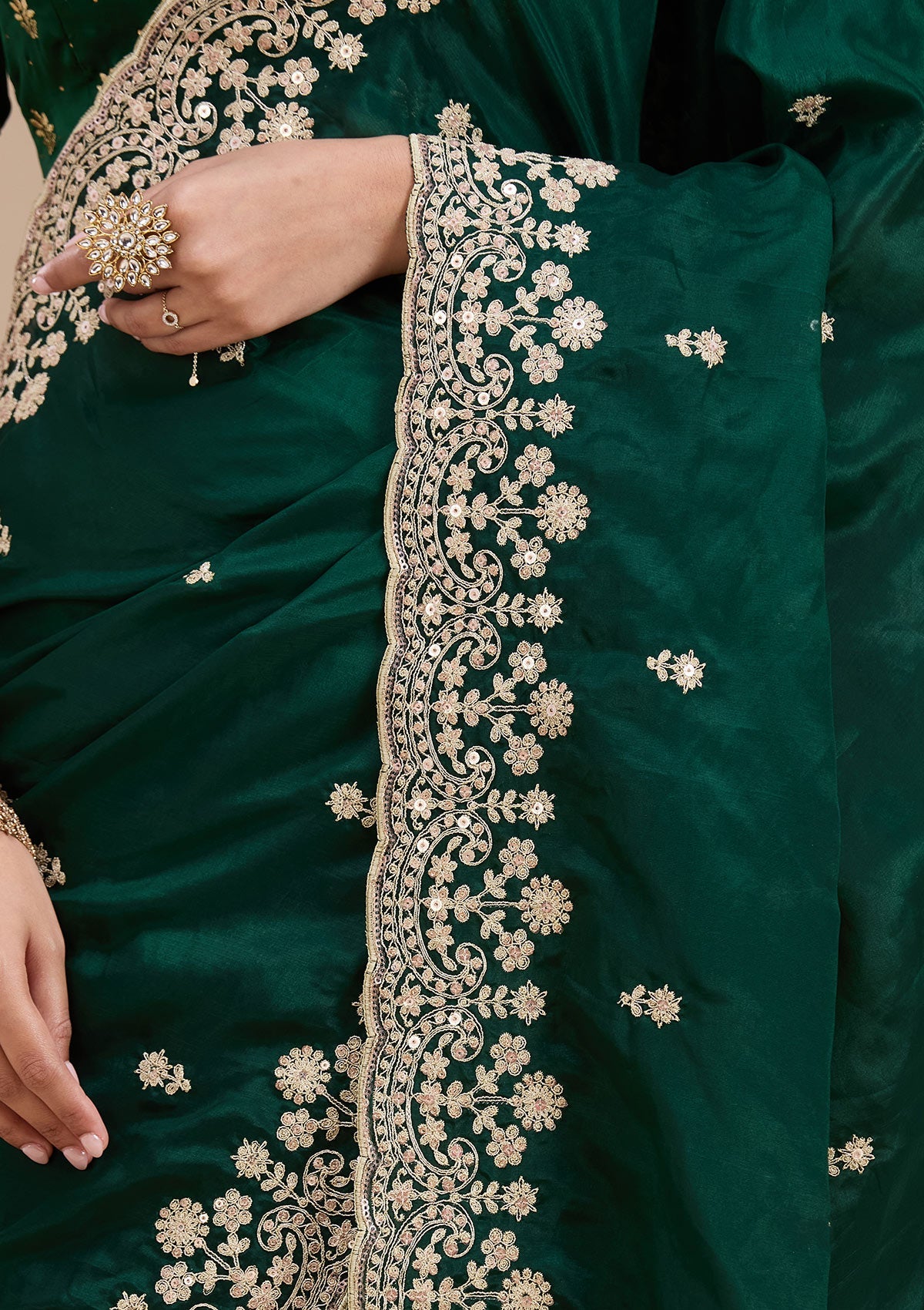 Bottle Green Cording Tissue Saree-koskii