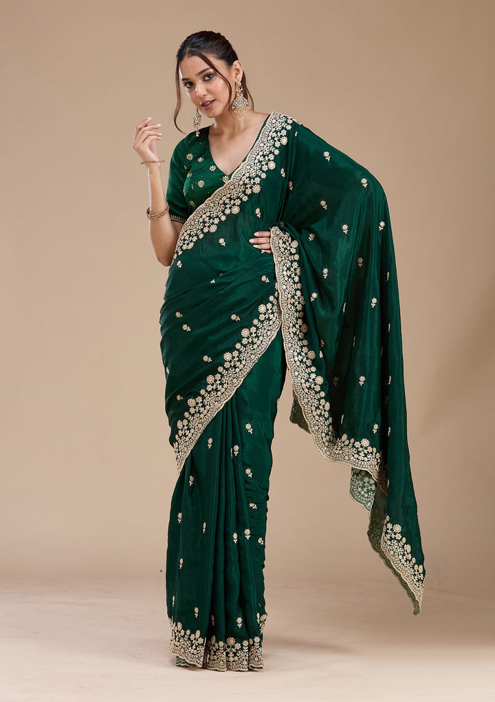 Bottle Green Cording Tissue Saree_koskii