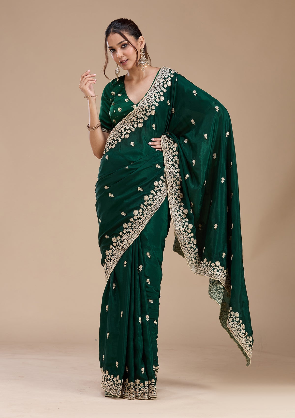 Bottle Green Cording Tissue Saree-koskii