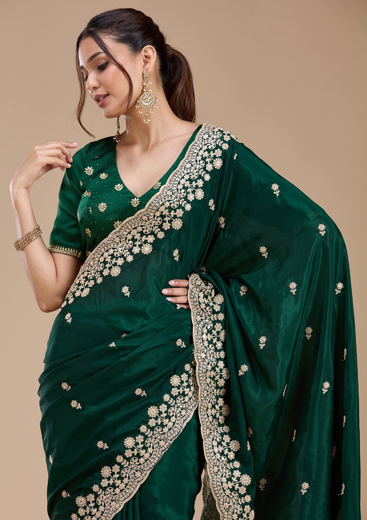 Bottle Green Cording Tissue Saree-koskii