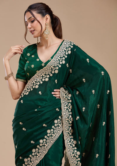 Bottle Green Cording Tissue Saree-koskii