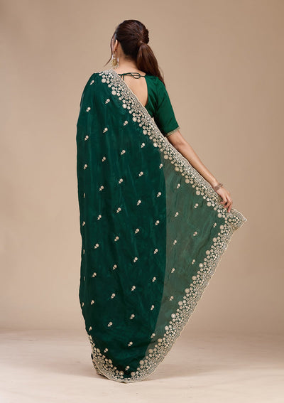 Bottle Green Cording Tissue Saree-koskii