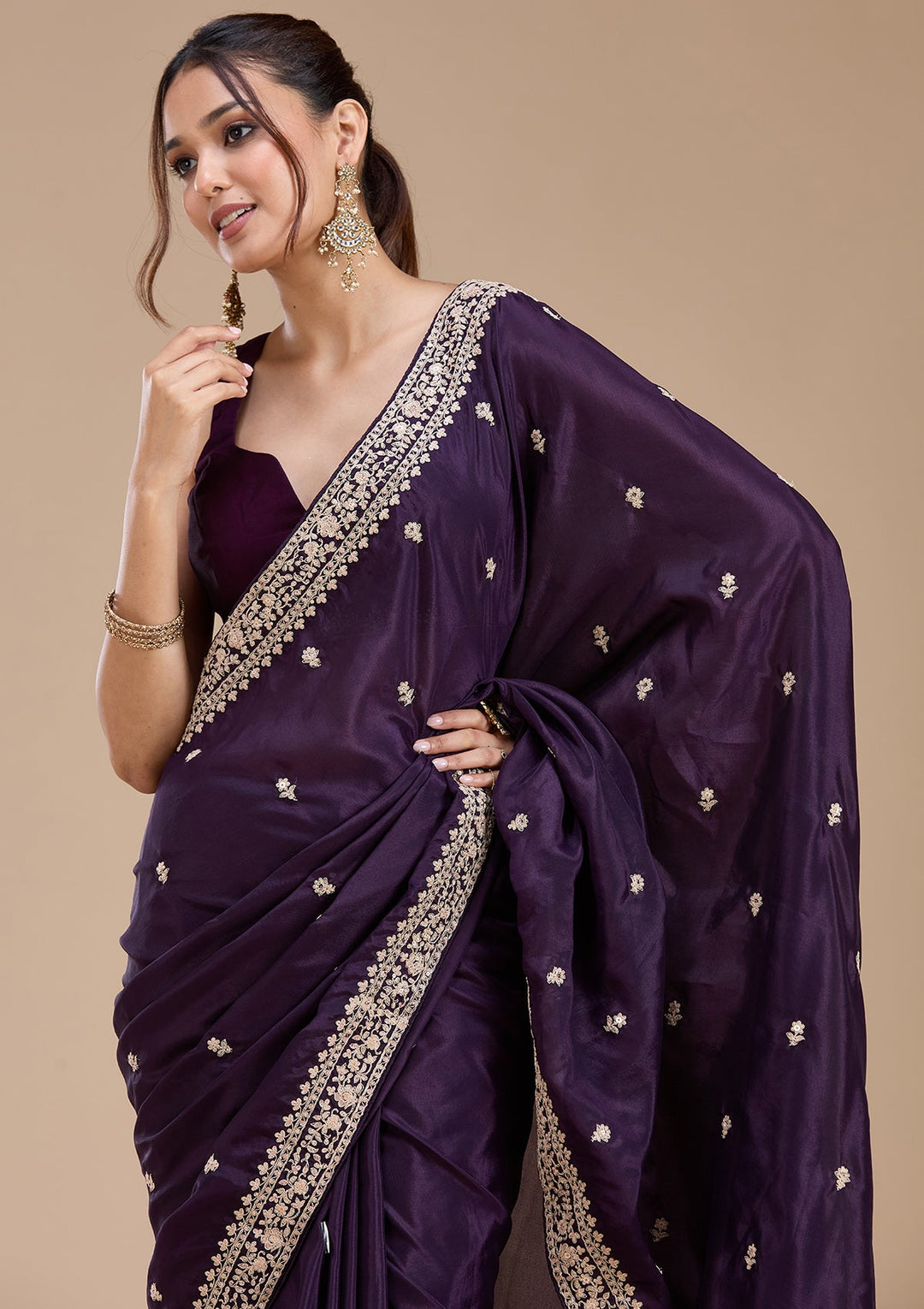 Purple Cording Satin Saree_koskii