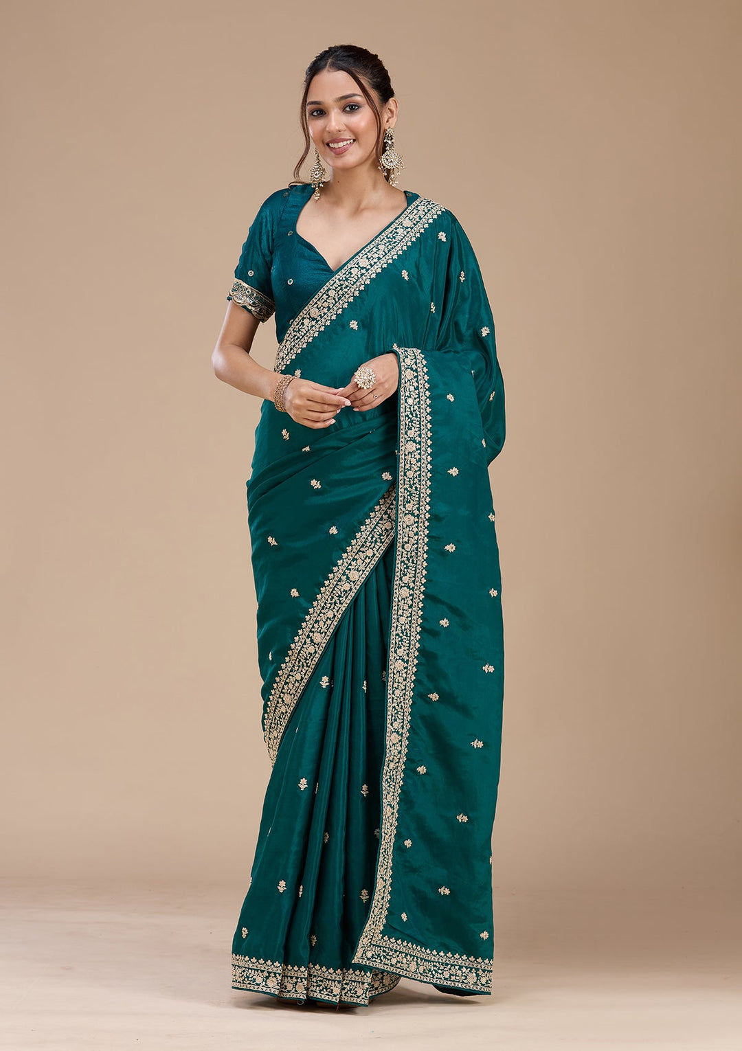 Rama Green Cording Satin Saree_koskii