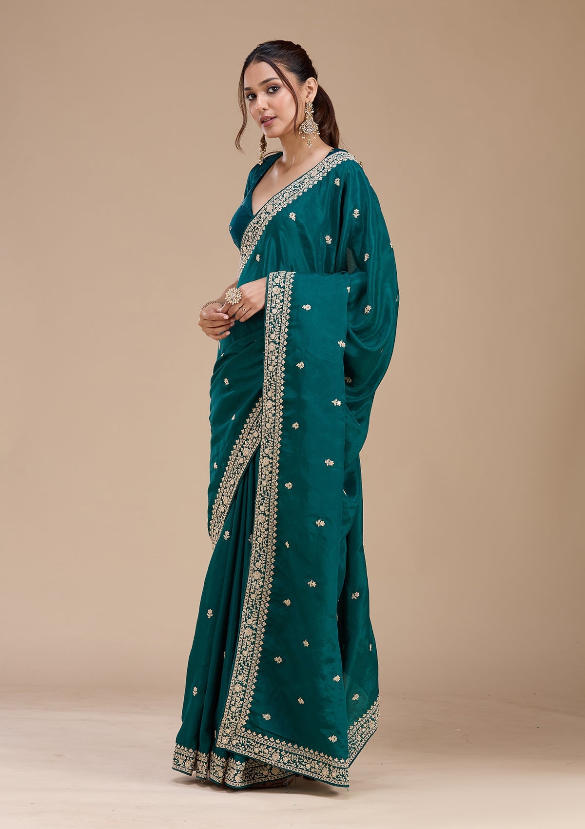 Rama Green Cording Satin Saree-koskii