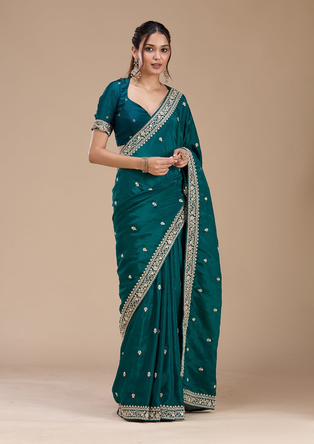 Rama Green Cording Satin Saree-koskii