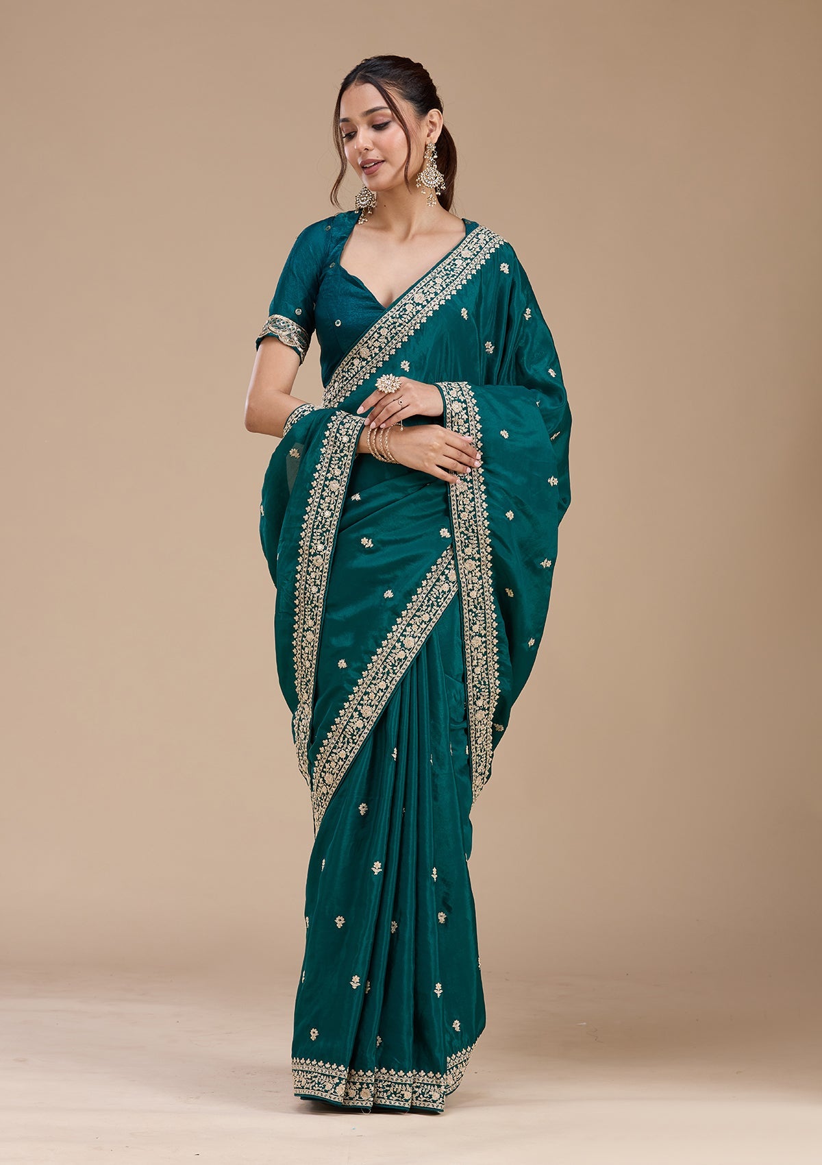 Rama Green Cording Satin Saree-koskii