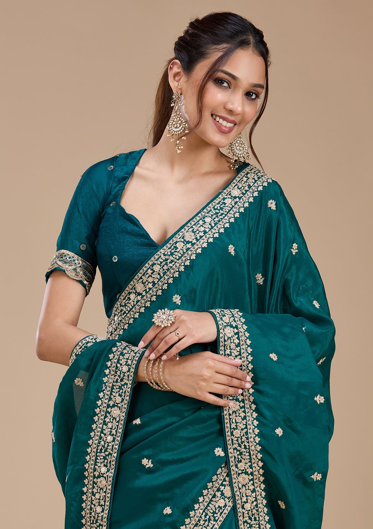 Rama Green Cording Satin Saree-koskii