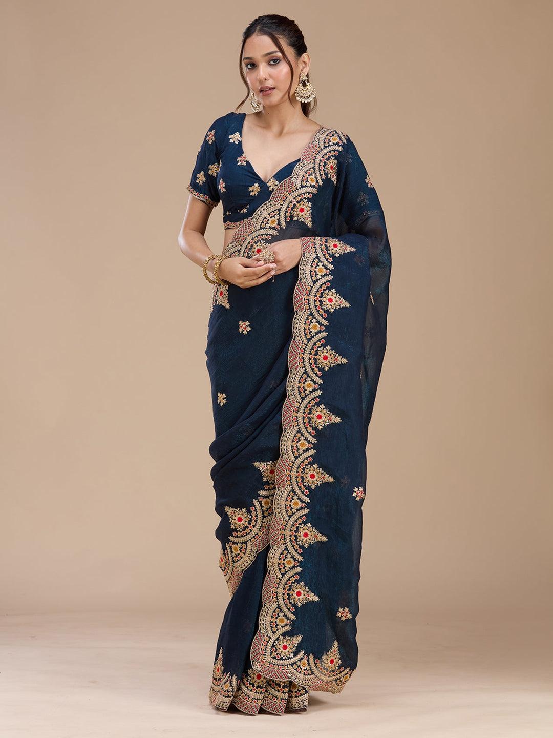 Peacock Blue Cording Georgette Saree_koskii