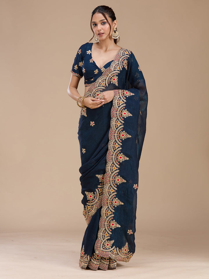 Peacock Blue Cording Georgette Saree_koskii