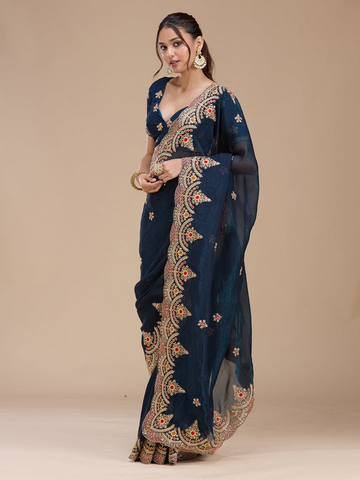 Peacock Blue Cording Georgette Saree_koskii