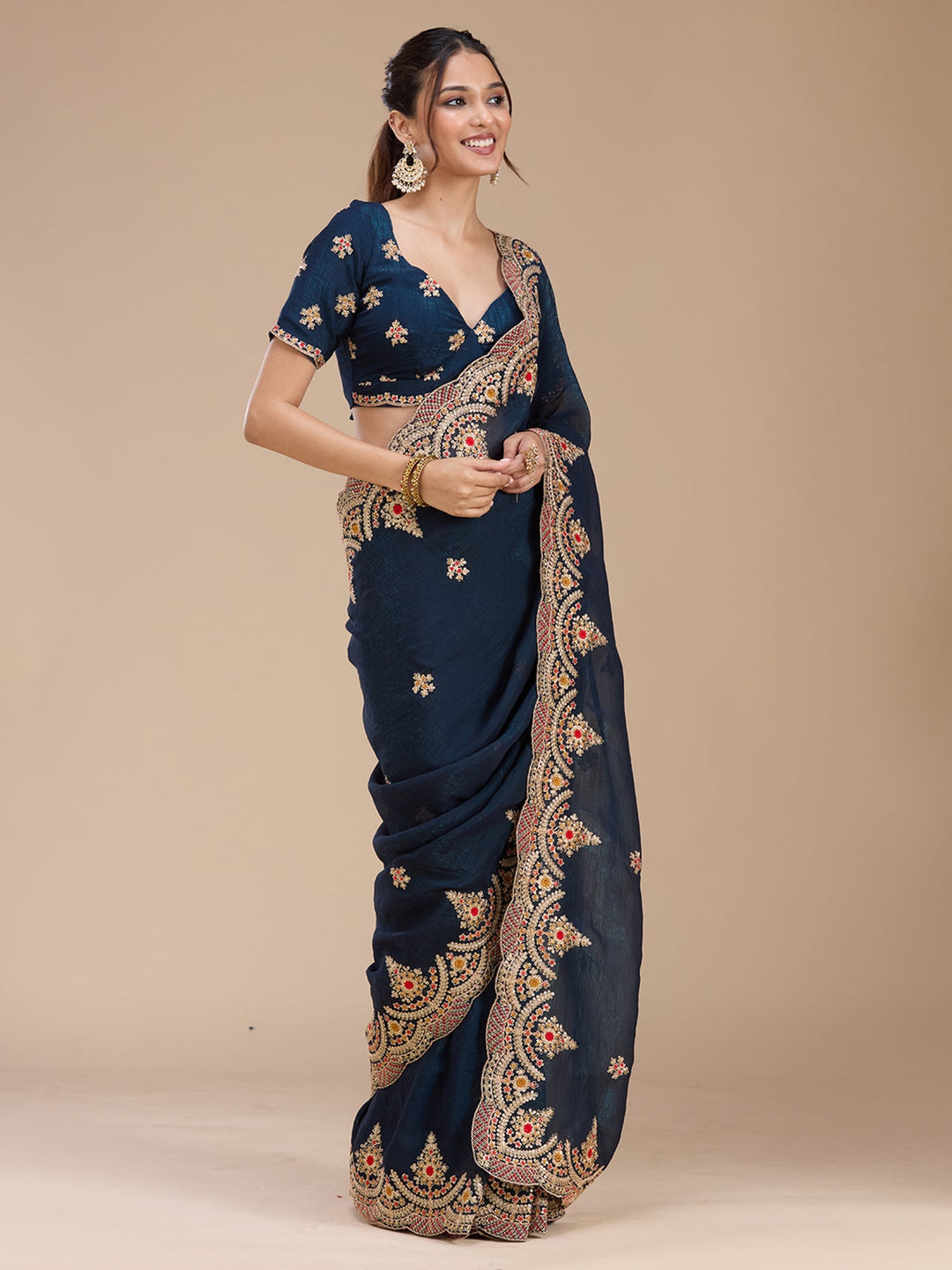 Peacock Blue Cording Georgette Saree_koskii