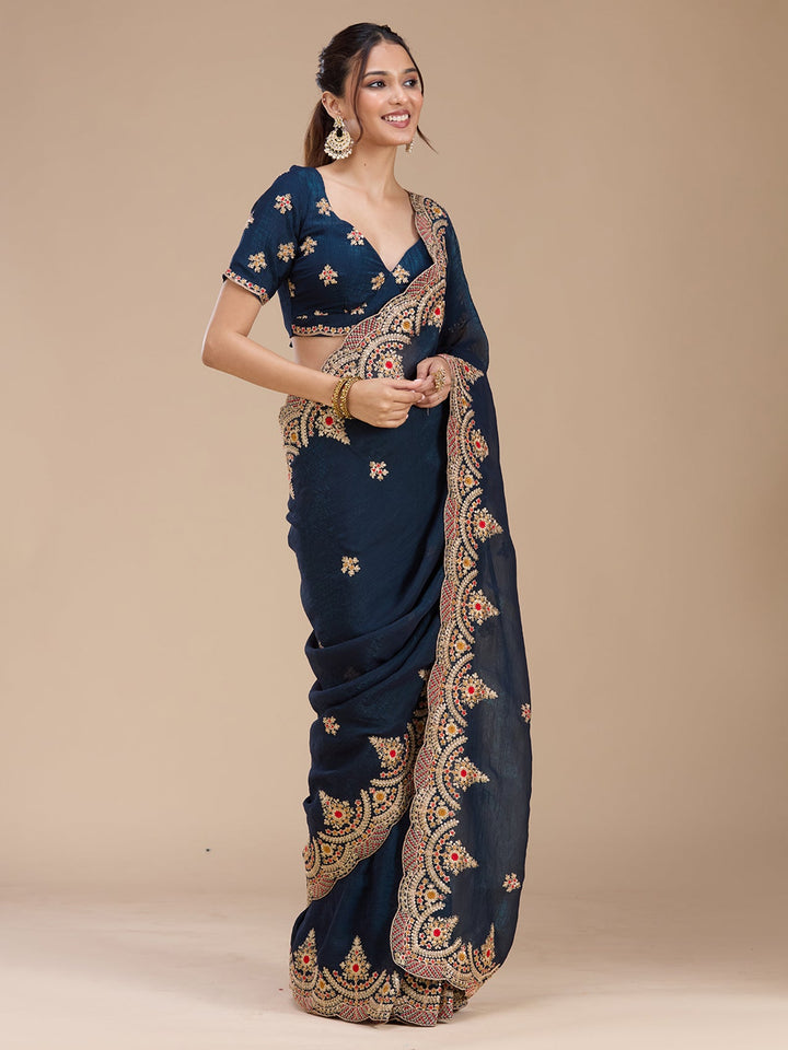 Peacock Blue Cording Georgette Saree_koskii