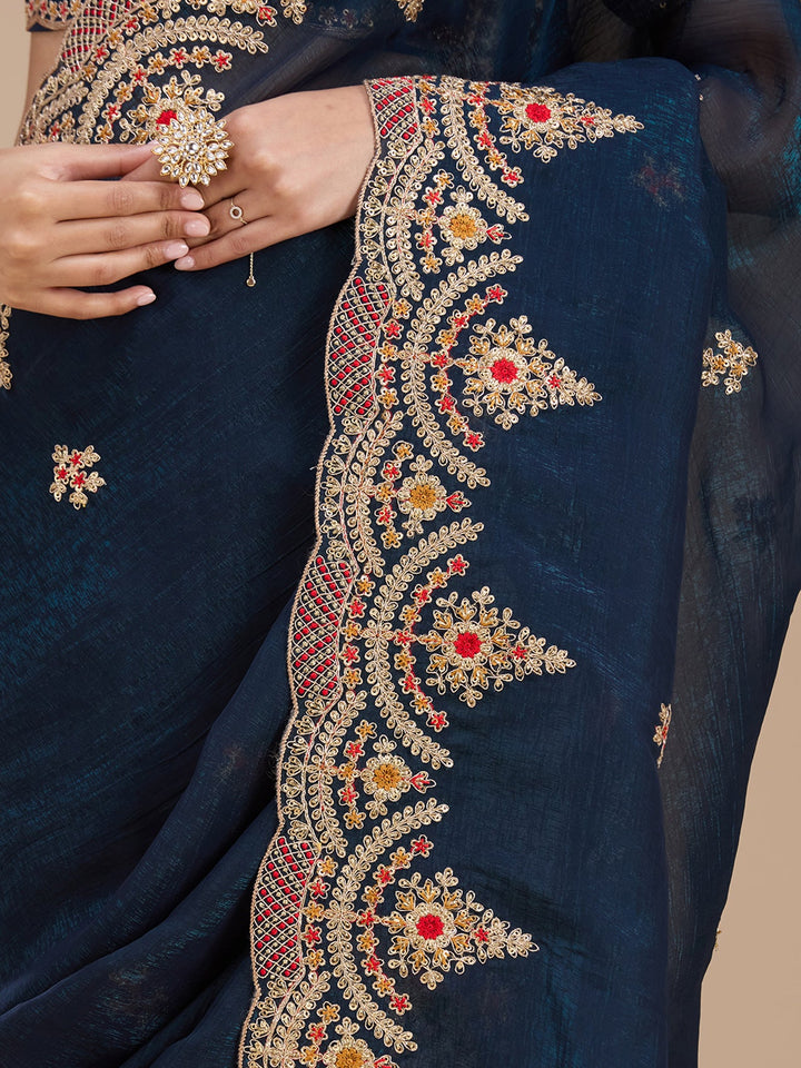 Peacock Blue Cording Georgette Saree_koskii