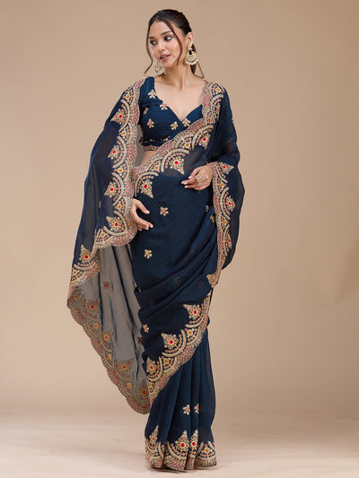 Peacock Blue Cording Georgette Saree-koskii