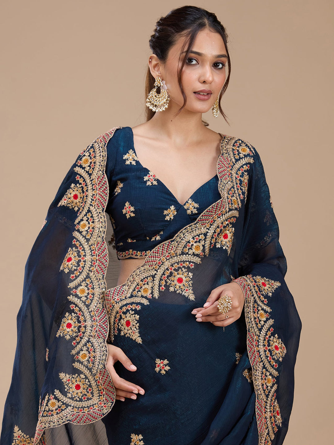 Peacock Blue Cording Georgette Saree_koskii