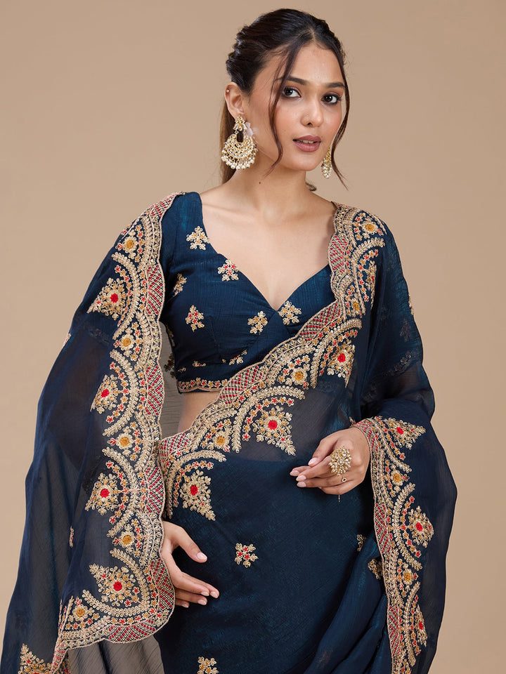 Peacock Blue Cording Georgette Saree_koskii