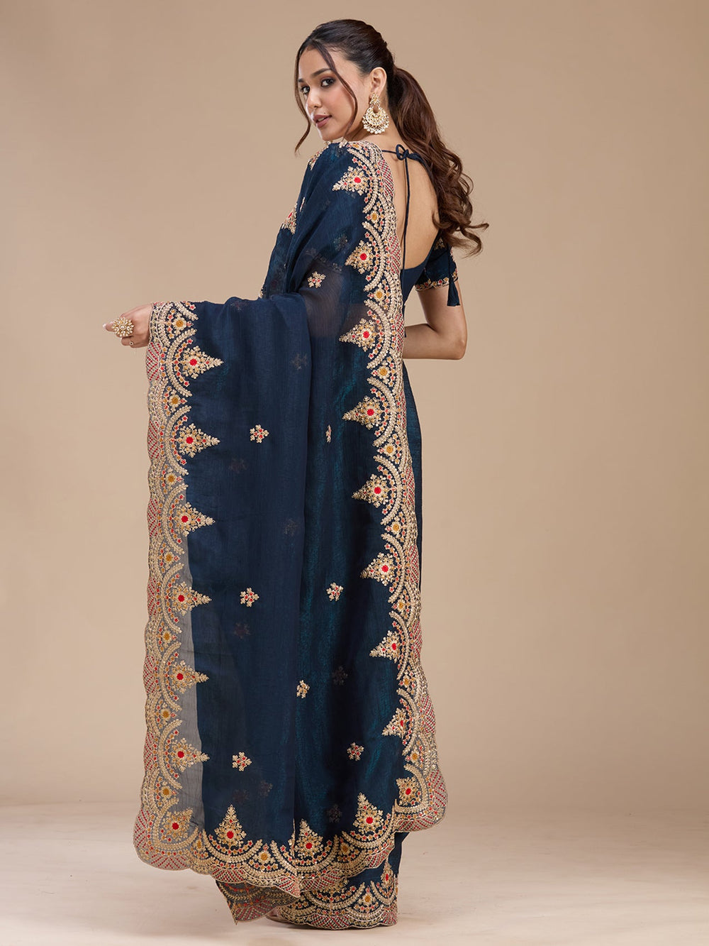 Peacock Blue Cording Georgette Saree-koskii